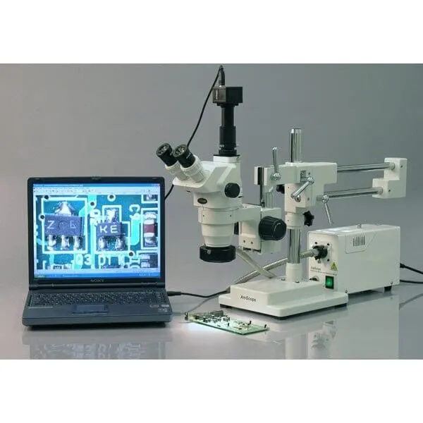 AmScope ZM-4 Series Ultimate Zoom Trinocular Stereo Microscope 3.35X-90X Magnification on 3D Boom Stand