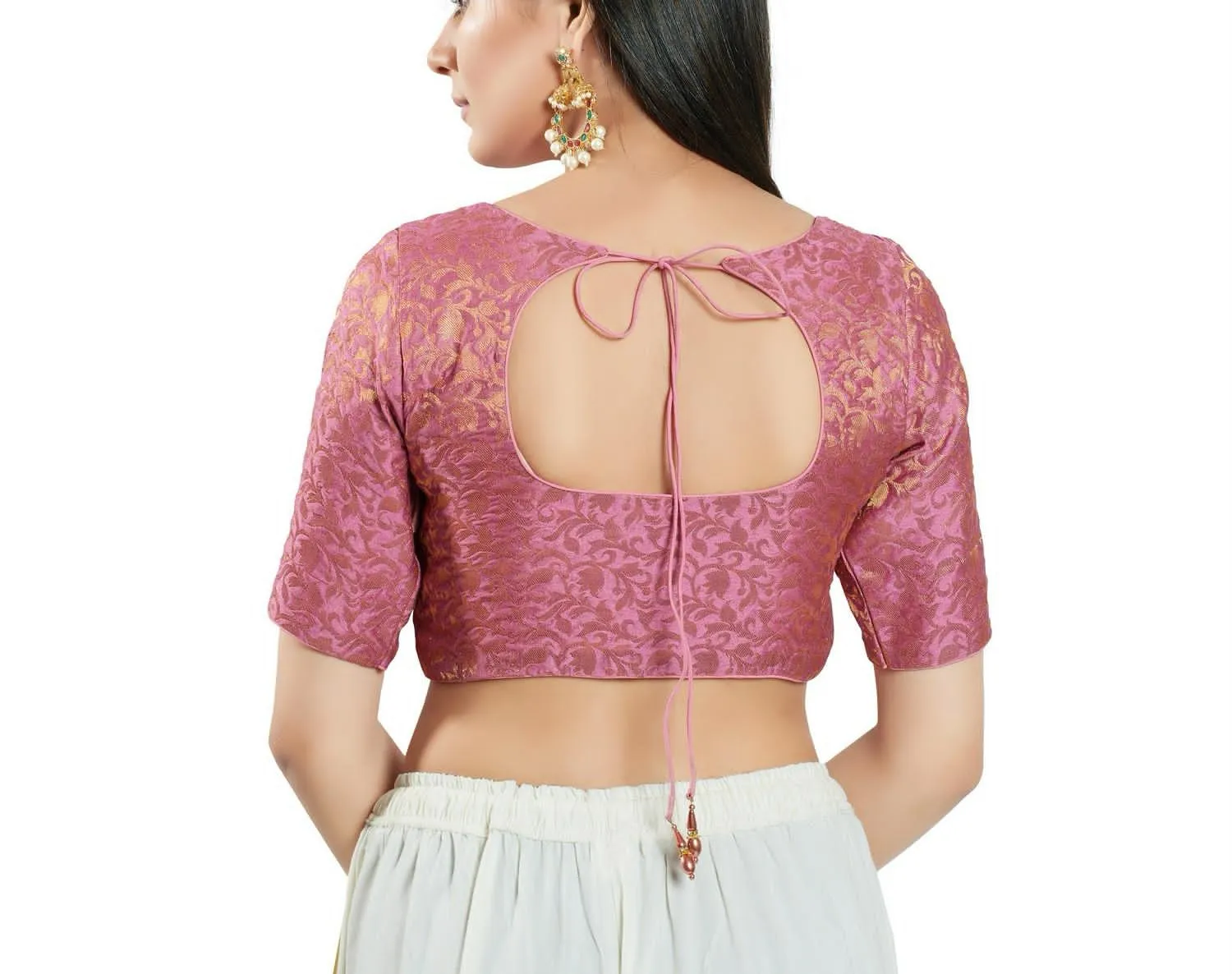 Attractive Light Pink Colored Brocade Elbow Sleeves Readymade Blouse For Women