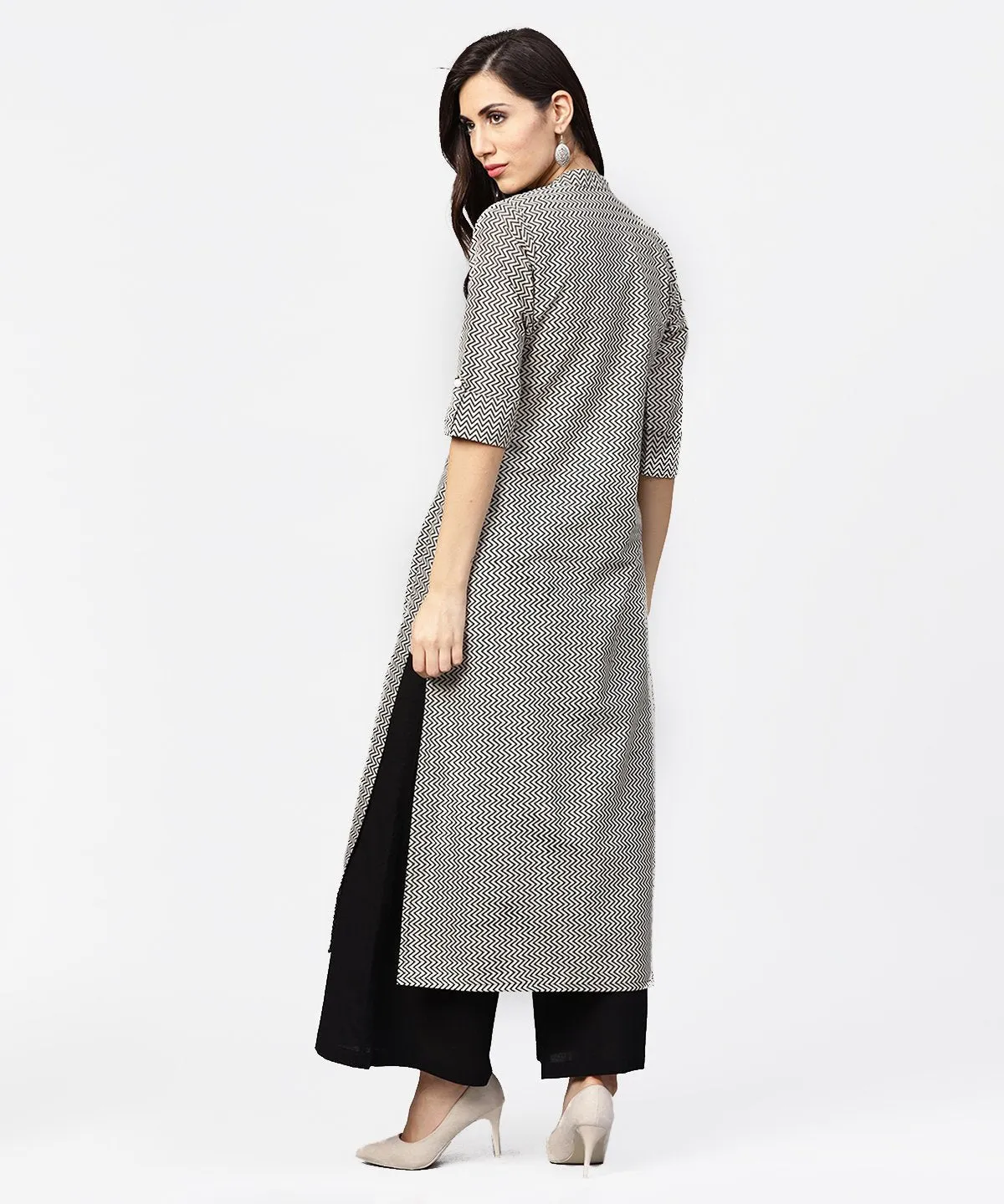 Black Zig Zag Printed 3/4Th Sleeve Cotton Kurta With Black Knee Length Palazzo