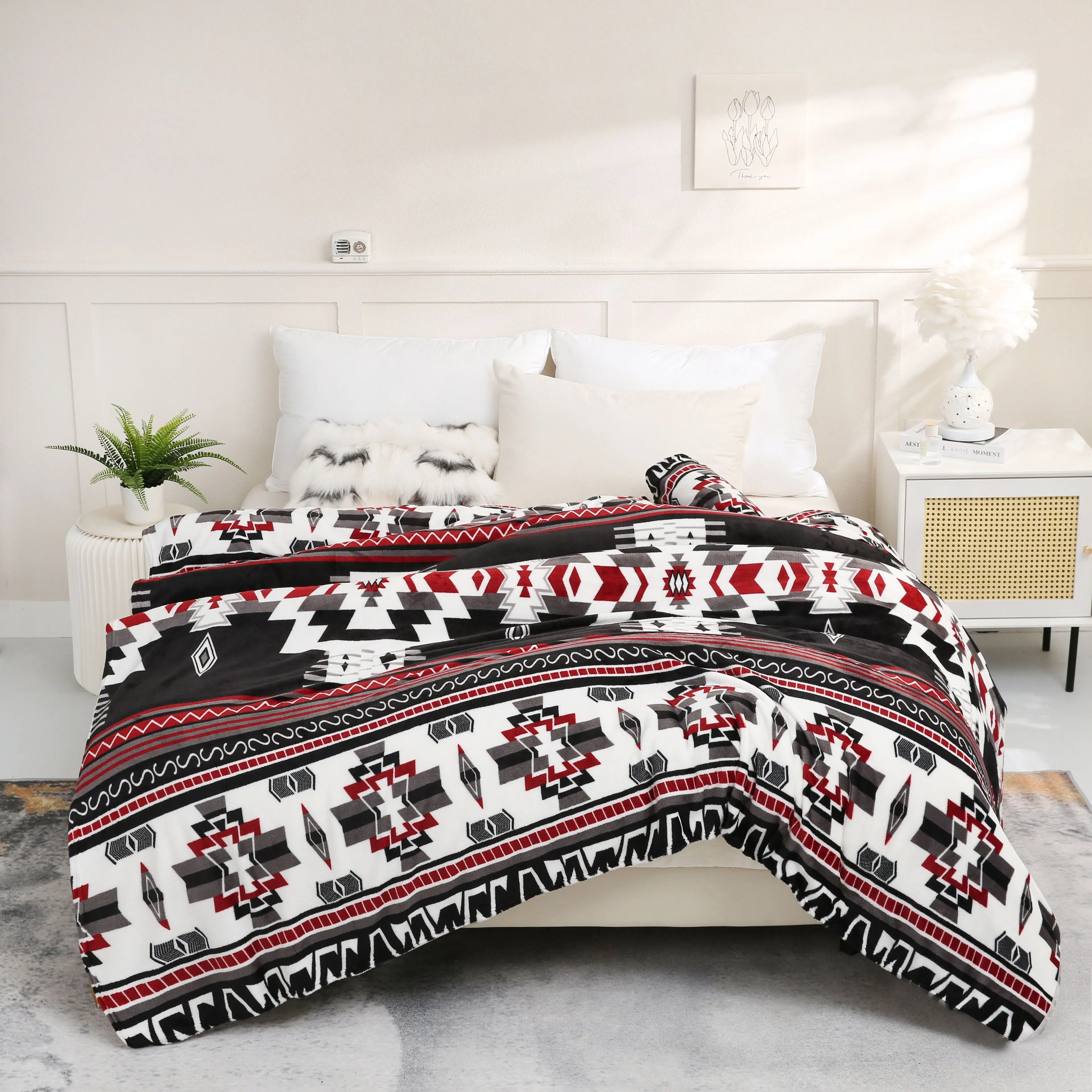 Boho Pattern Flannel Blanket Soft Warm Stylish Home Essential