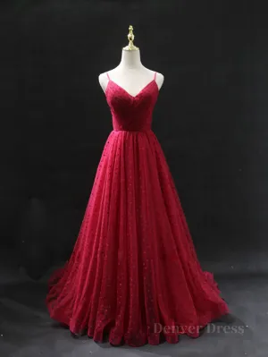 Burgundy v neck tulle long prom dress burgundy tulle formal dress