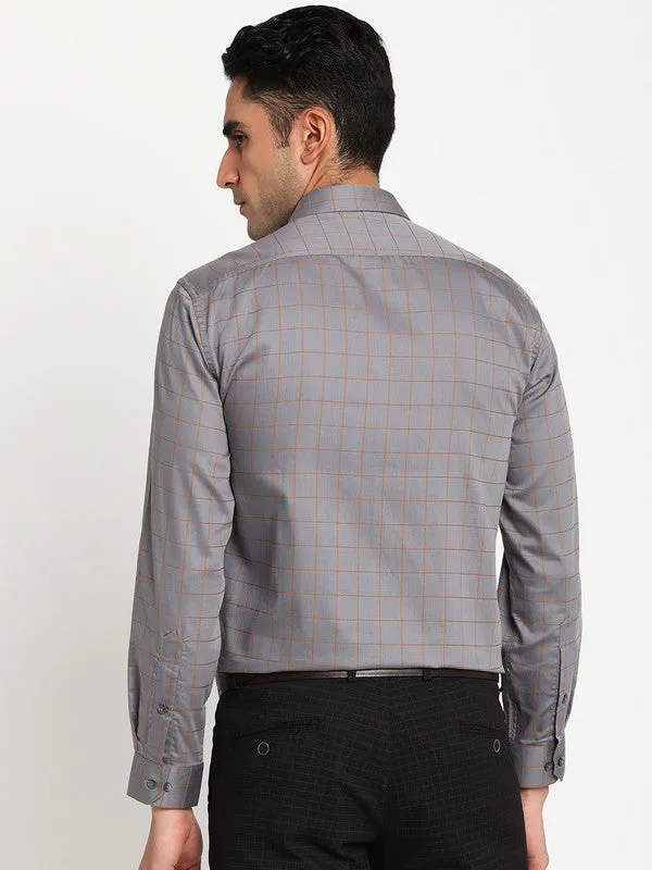 Cotton Grey Regular Fit Checked Formal Shirts