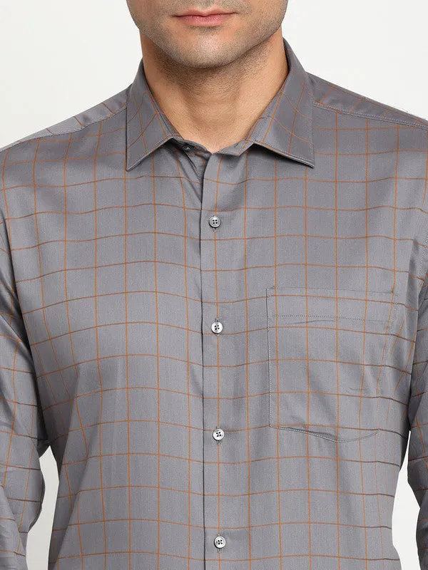 Cotton Grey Regular Fit Checked Formal Shirts