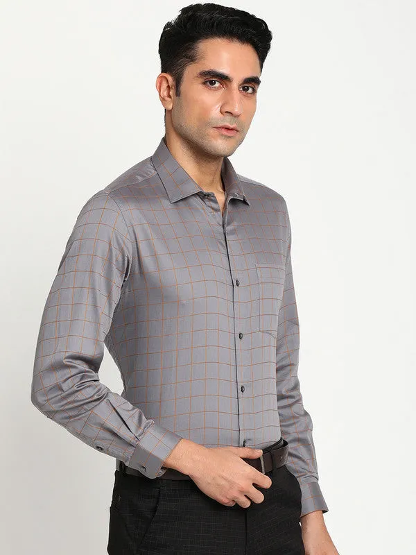 Cotton Grey Regular Fit Checked Formal Shirts