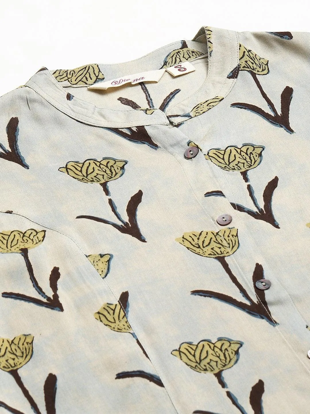 Cream Floral Rayon A-Line Shirts Style Top