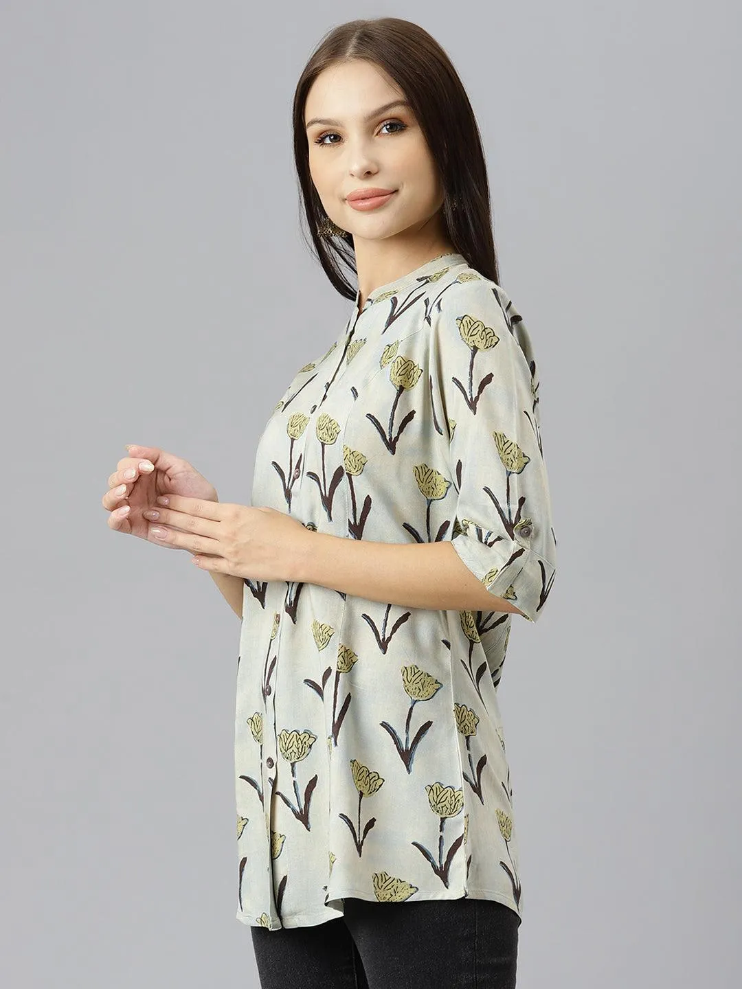 Cream Floral Rayon A-Line Shirts Style Top