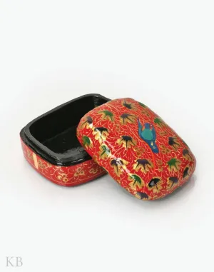 Crimson Red Bird Motif Paper Mache Trinket Box