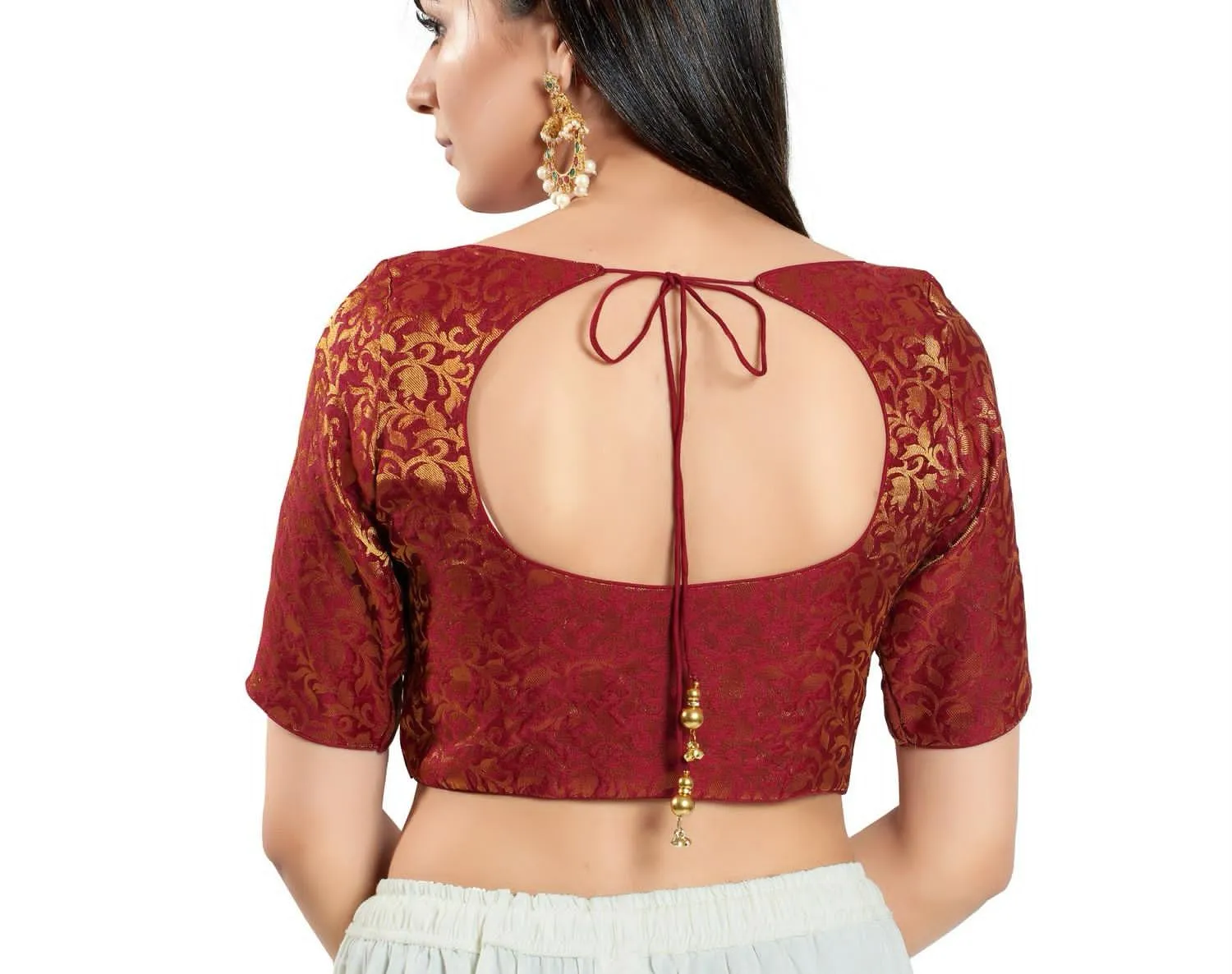 Elegant Maroon Colored Brocade Elbow Sleeves Readymade Blouse For Women