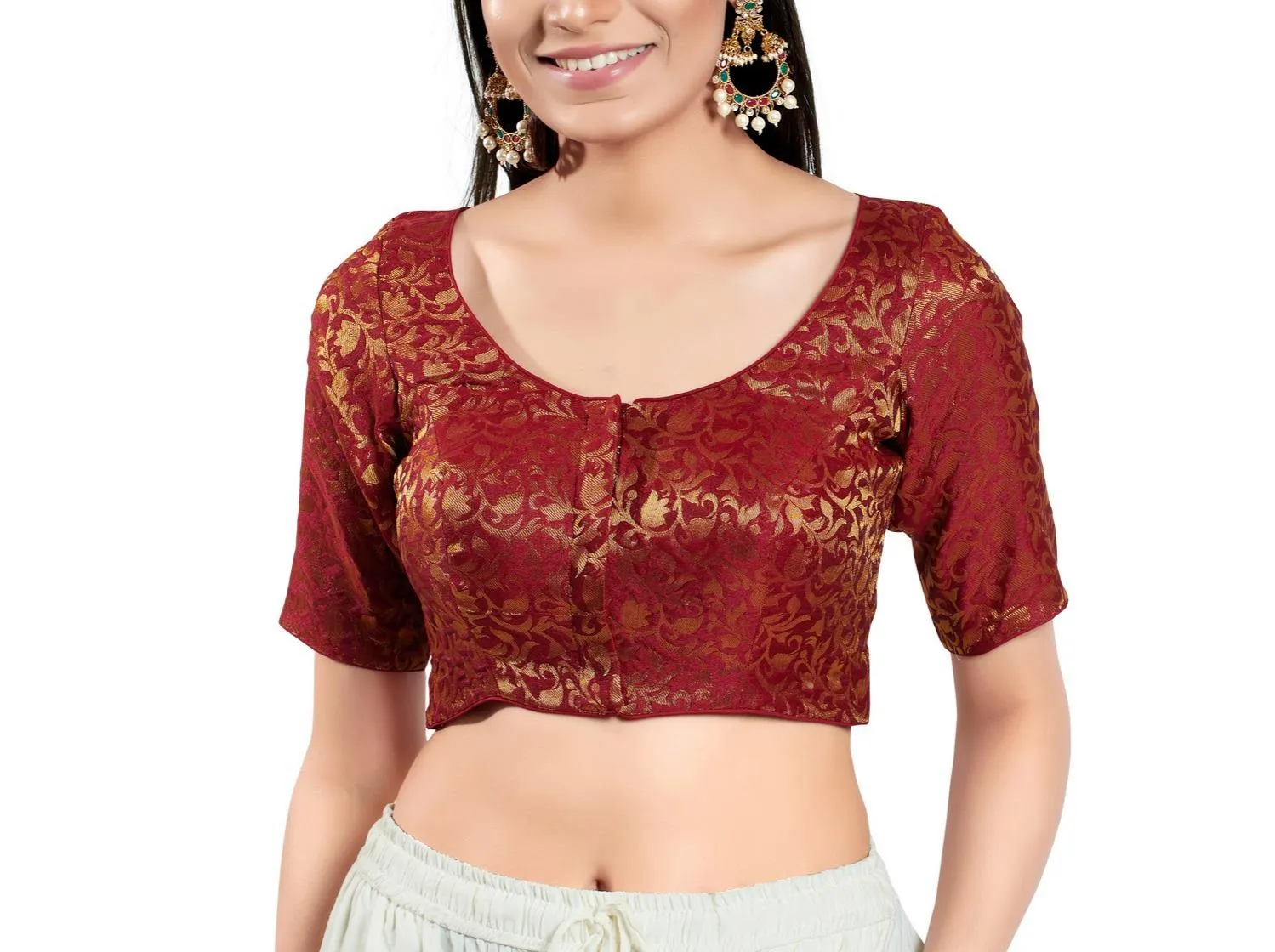 Elegant Maroon Colored Brocade Elbow Sleeves Readymade Blouse For Women
