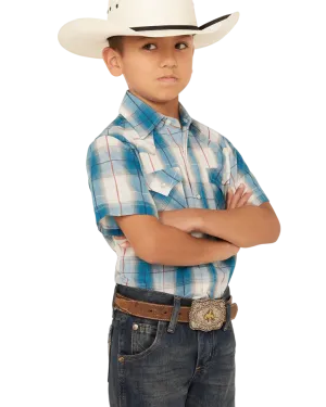 Ely Walker Kid's Textured Dobby  Plaid Print Short Sleeve Snap Western Shirt