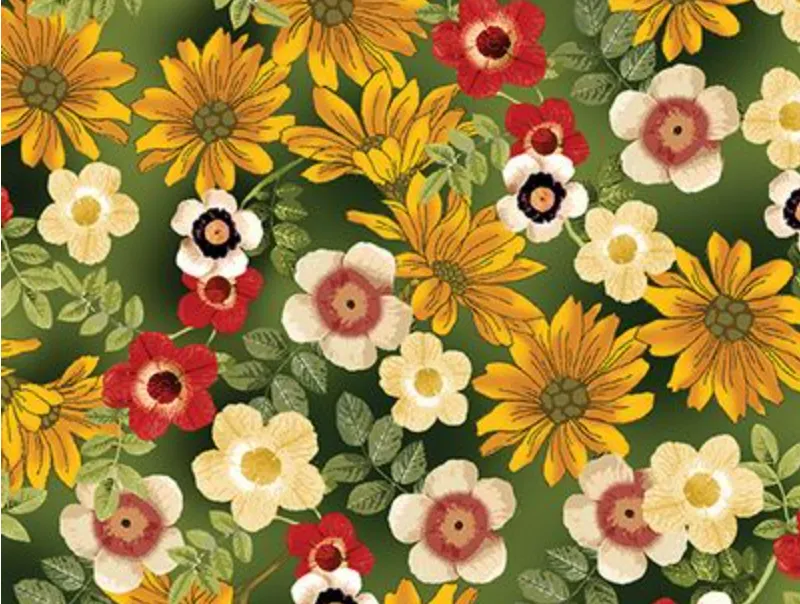 FLORAL GARDEN FLANNEL GREEN FABRIC
