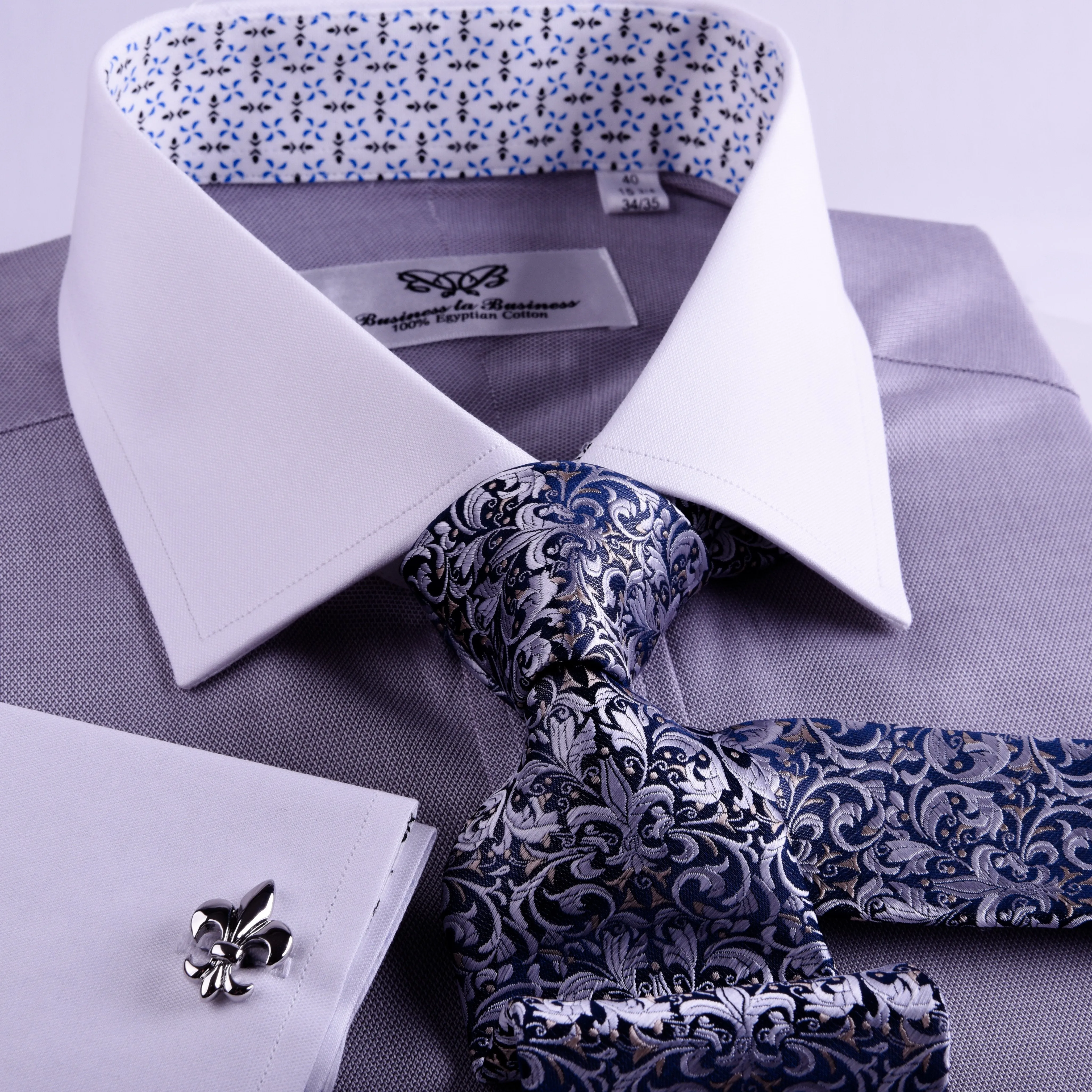 Gray Floral Dress Shirt Formal White Contrast Collar And Cuffs, French Cuff Business Style