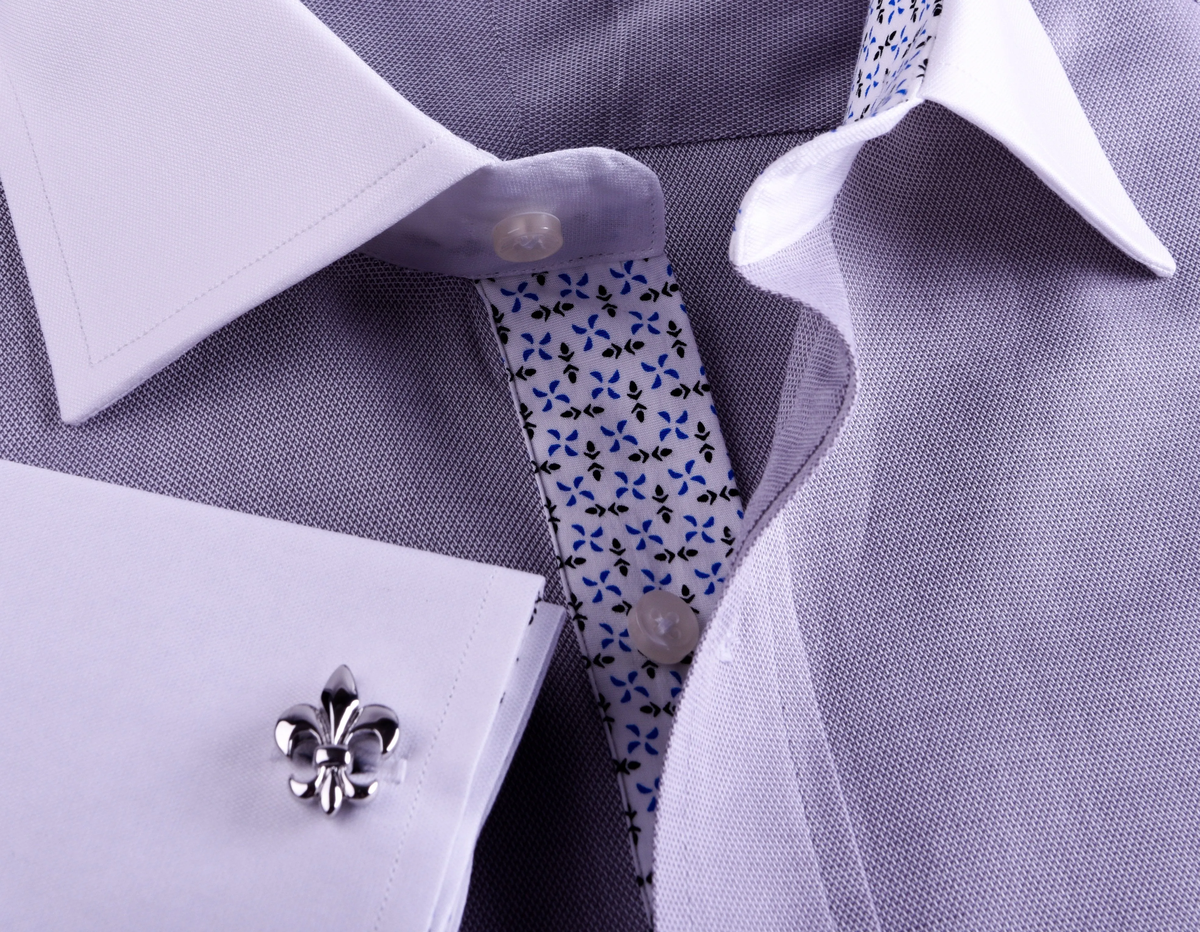 Gray Floral Dress Shirt Formal White Contrast Collar And Cuffs, French Cuff Business Style