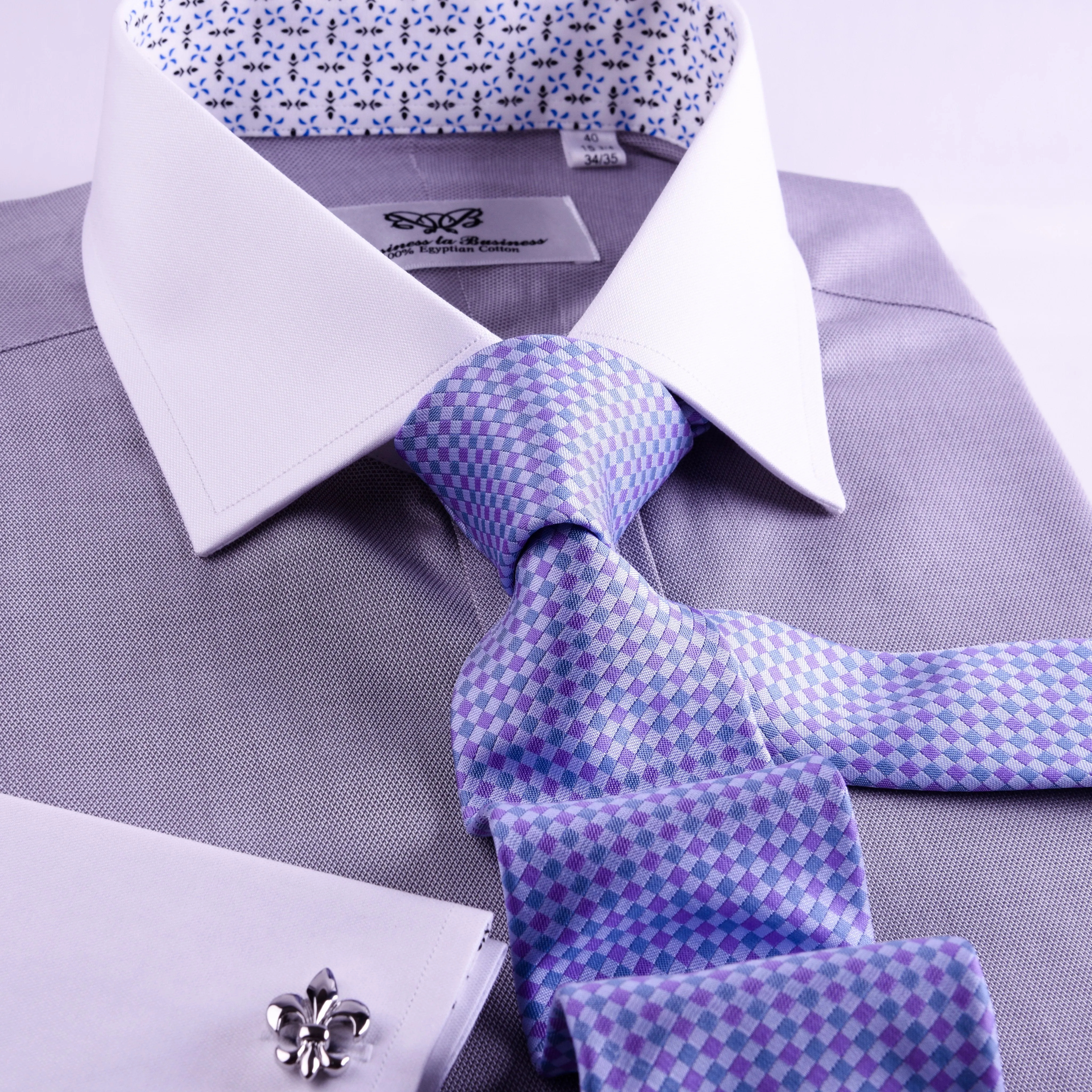 Gray Floral Dress Shirt Formal White Contrast Collar And Cuffs, French Cuff Business Style
