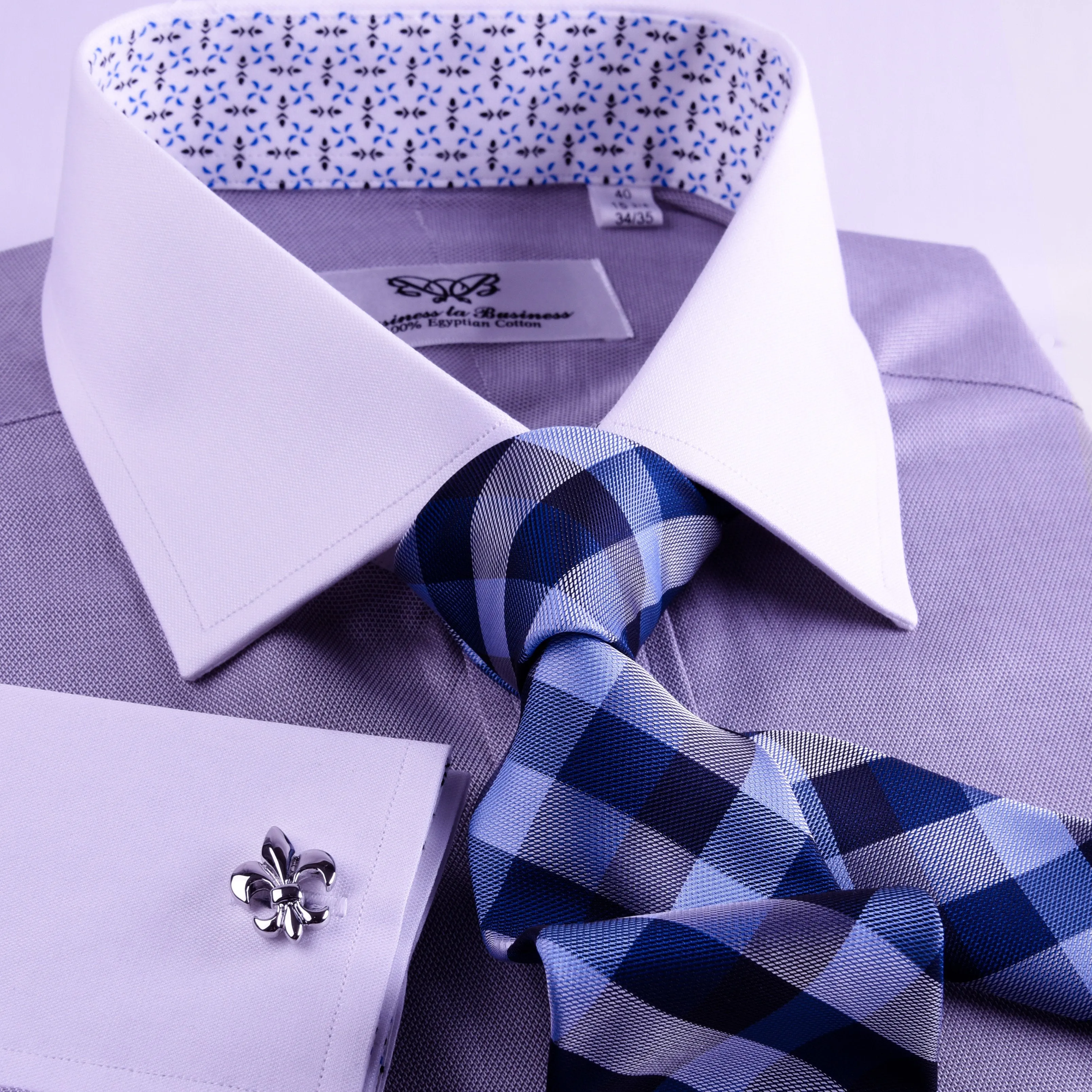 Gray Floral Dress Shirt Formal White Contrast Collar And Cuffs, French Cuff Business Style