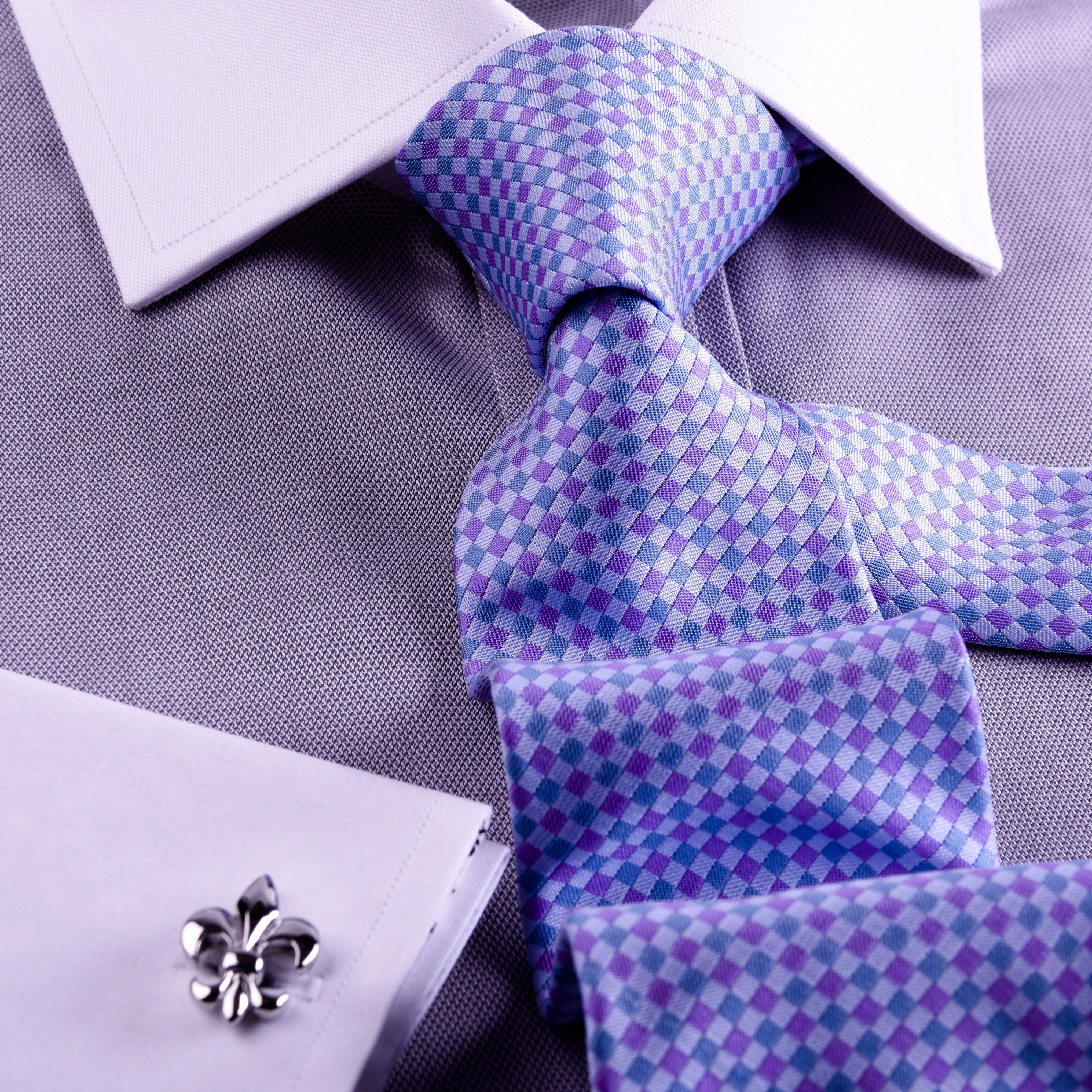 Gray Floral Dress Shirt Formal White Contrast Collar And Cuffs, French Cuff Business Style
