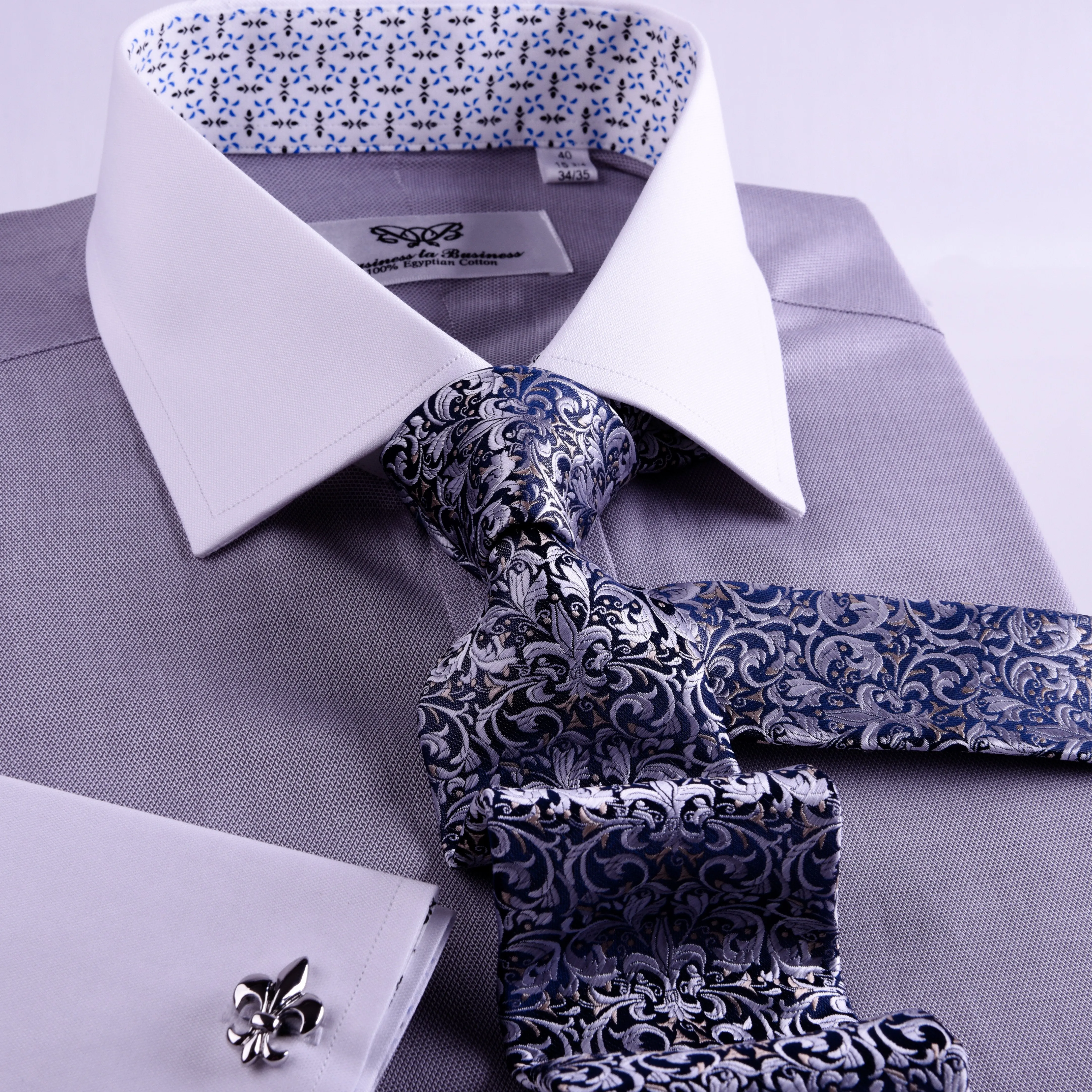Gray Floral Dress Shirt Formal White Contrast Collar And Cuffs, French Cuff Business Style
