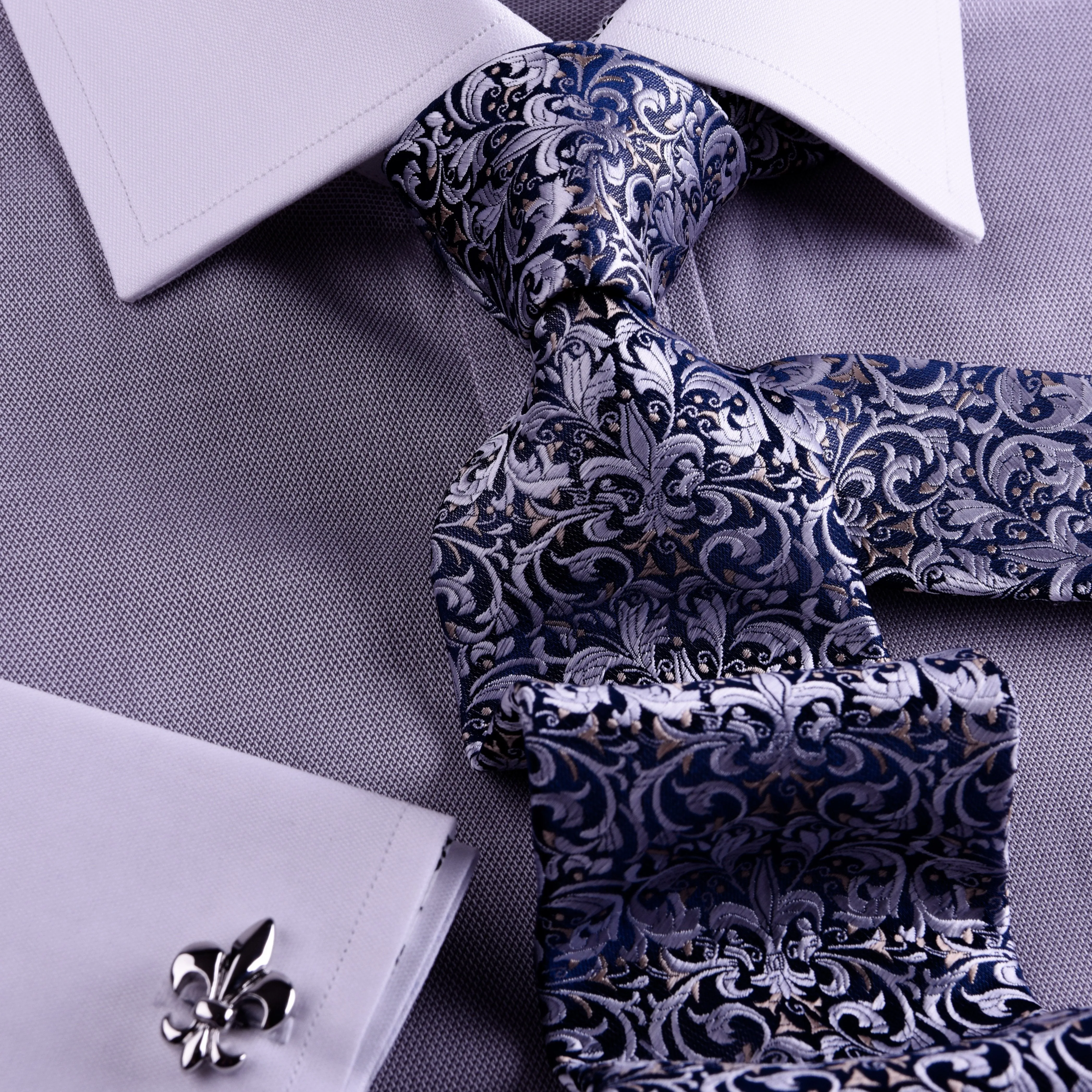 Gray Floral Dress Shirt Formal White Contrast Collar And Cuffs, French Cuff Business Style