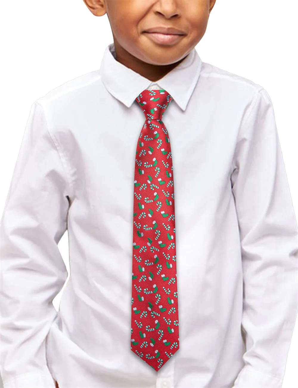 Hi-Tie Red Candy Cane Christmas Kids Pre-Tied Adjustable Tie Pocket Square Set
