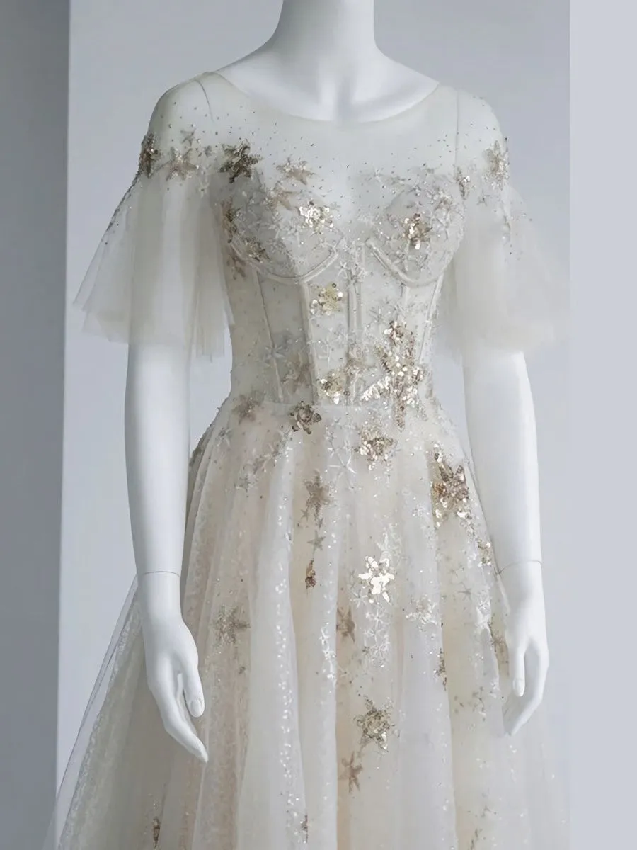 Light Champagne Tulle Sequin Tea Length Prom Dress, Tulle Formal Dress