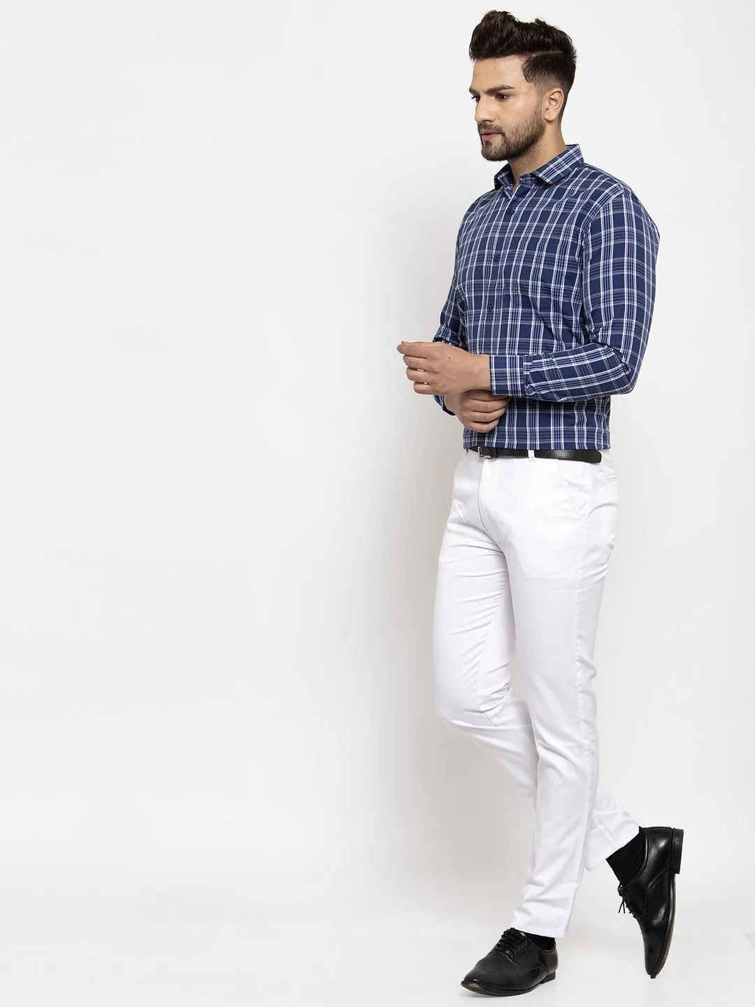 Men's Blue Cotton Checked Formal Shirt's ( SF 764Blue ) - Jainish