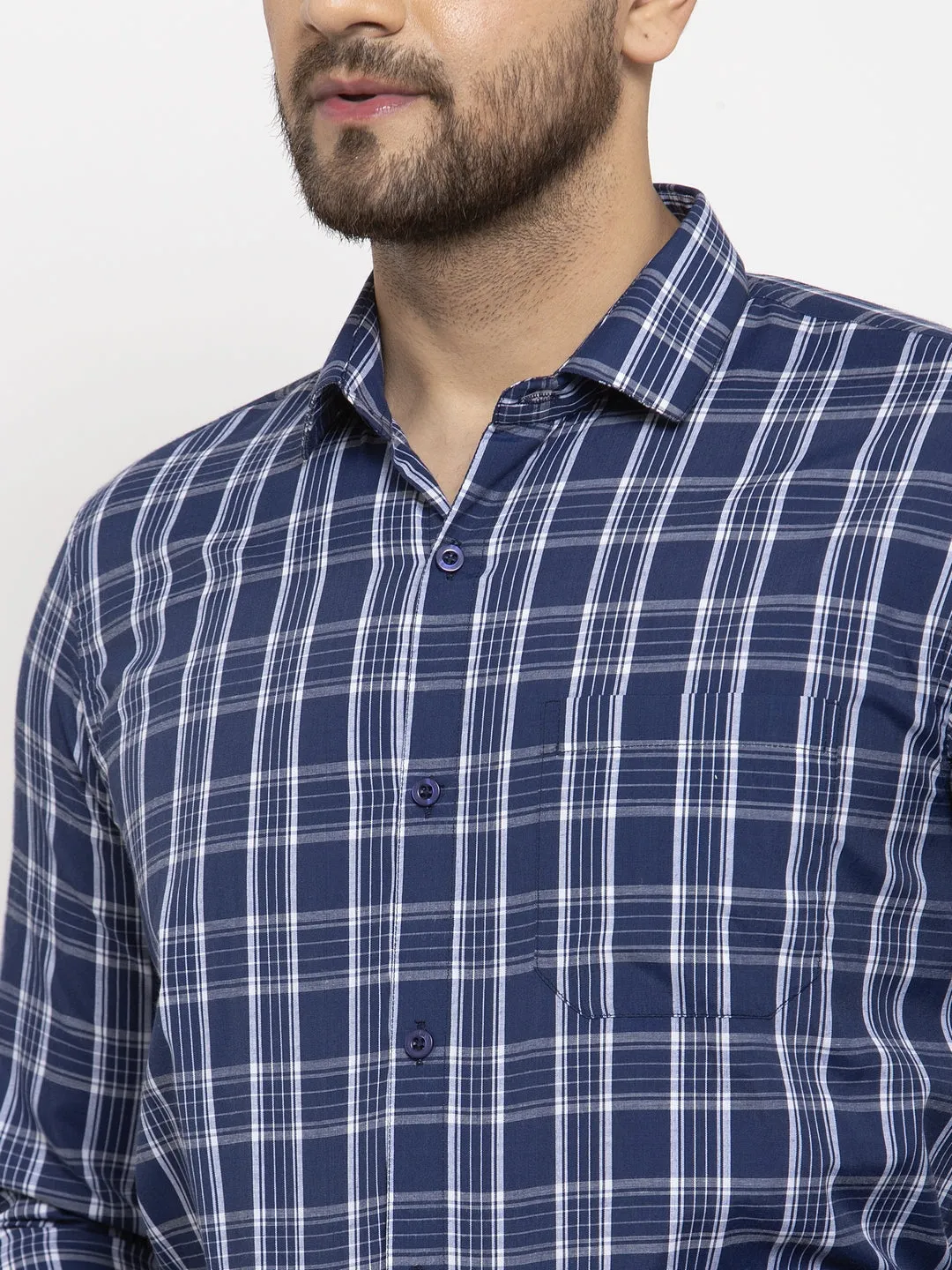 Men's Blue Cotton Checked Formal Shirt's ( SF 764Blue ) - Jainish