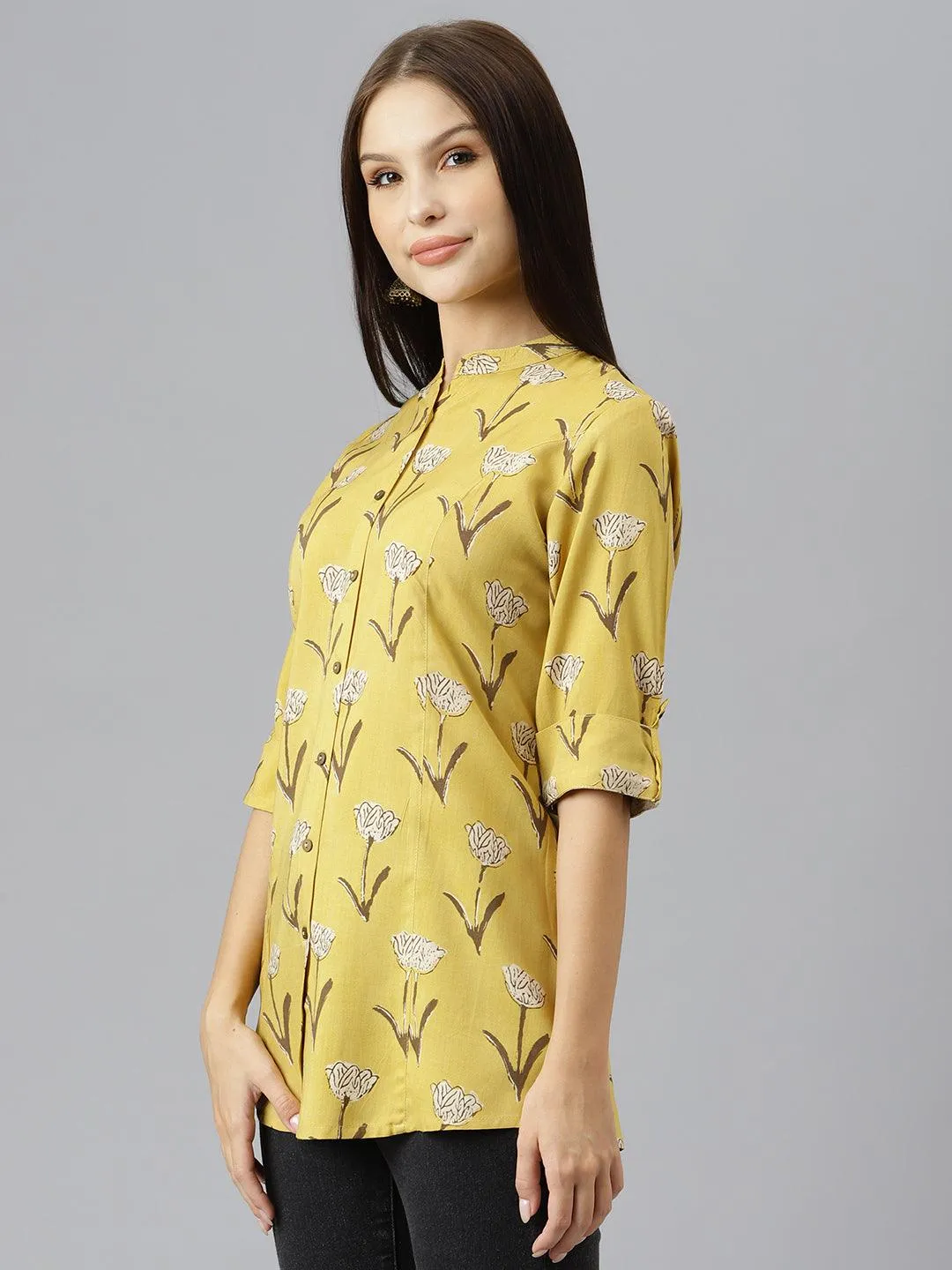 Mustard Floral Rayon A-Line Shirts Style Top