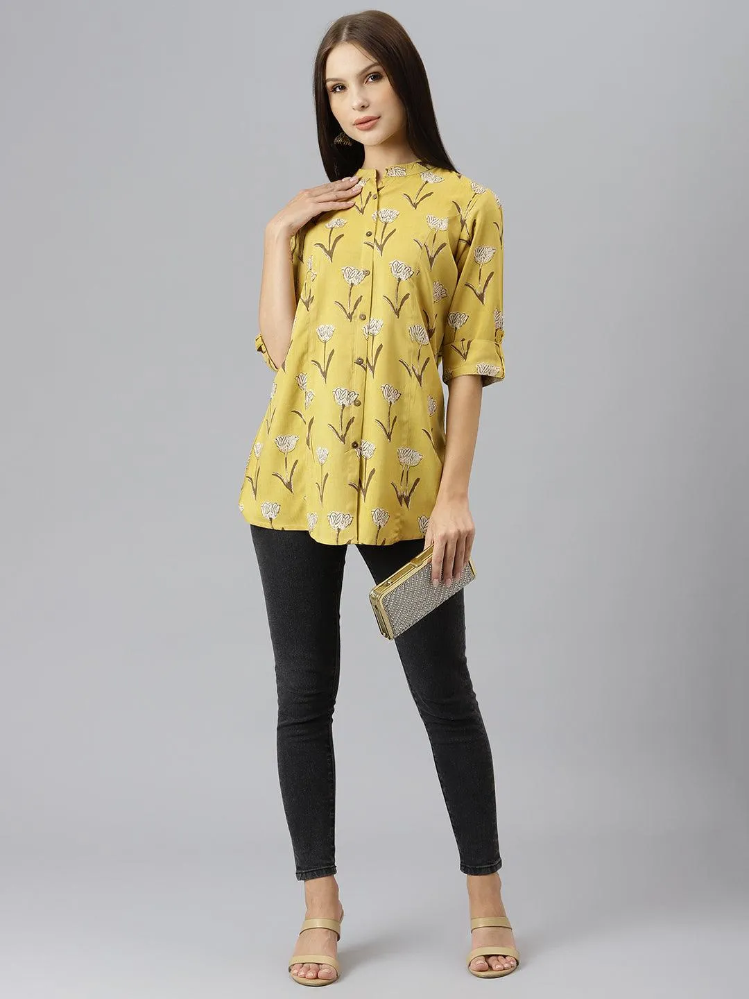 Mustard Floral Rayon A-Line Shirts Style Top