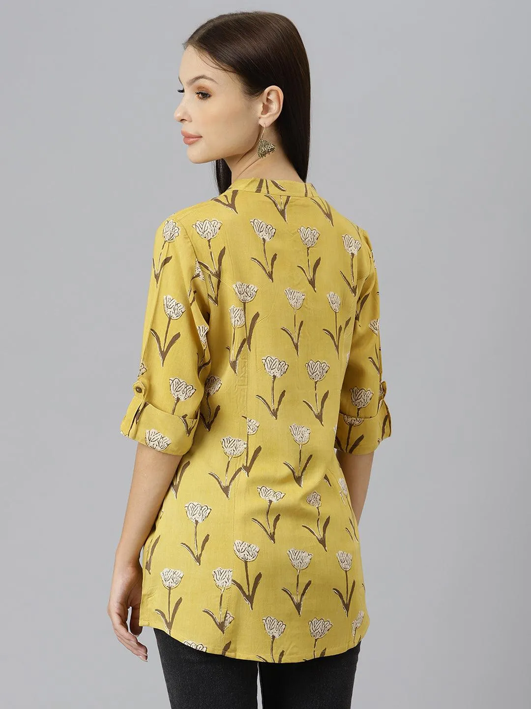 Mustard Floral Rayon A-Line Shirts Style Top