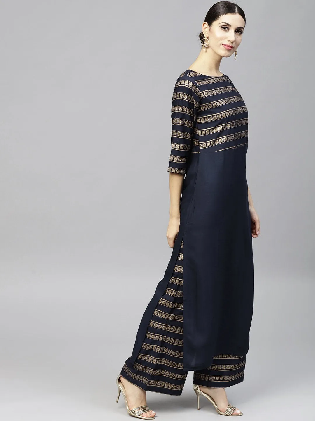 Navy Blue Gold Printed 3/4Th Sleeve Cotton Kurta With Ankle Length Palazzo