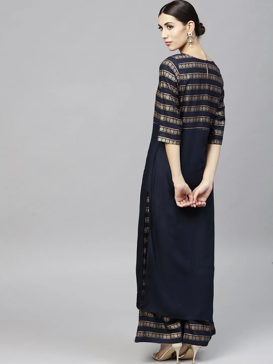 Navy Blue Gold Printed 3/4Th Sleeve Cotton Kurta With Ankle Length Palazzo