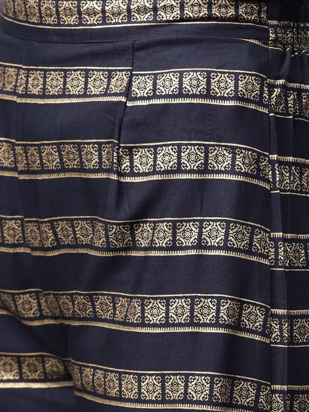 Navy Blue Gold Printed 3/4Th Sleeve Cotton Kurta With Ankle Length Palazzo