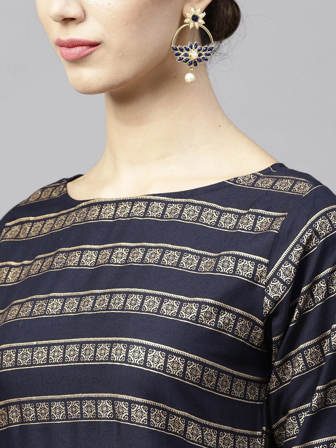 Navy Blue Gold Printed 3/4Th Sleeve Cotton Kurta With Ankle Length Palazzo