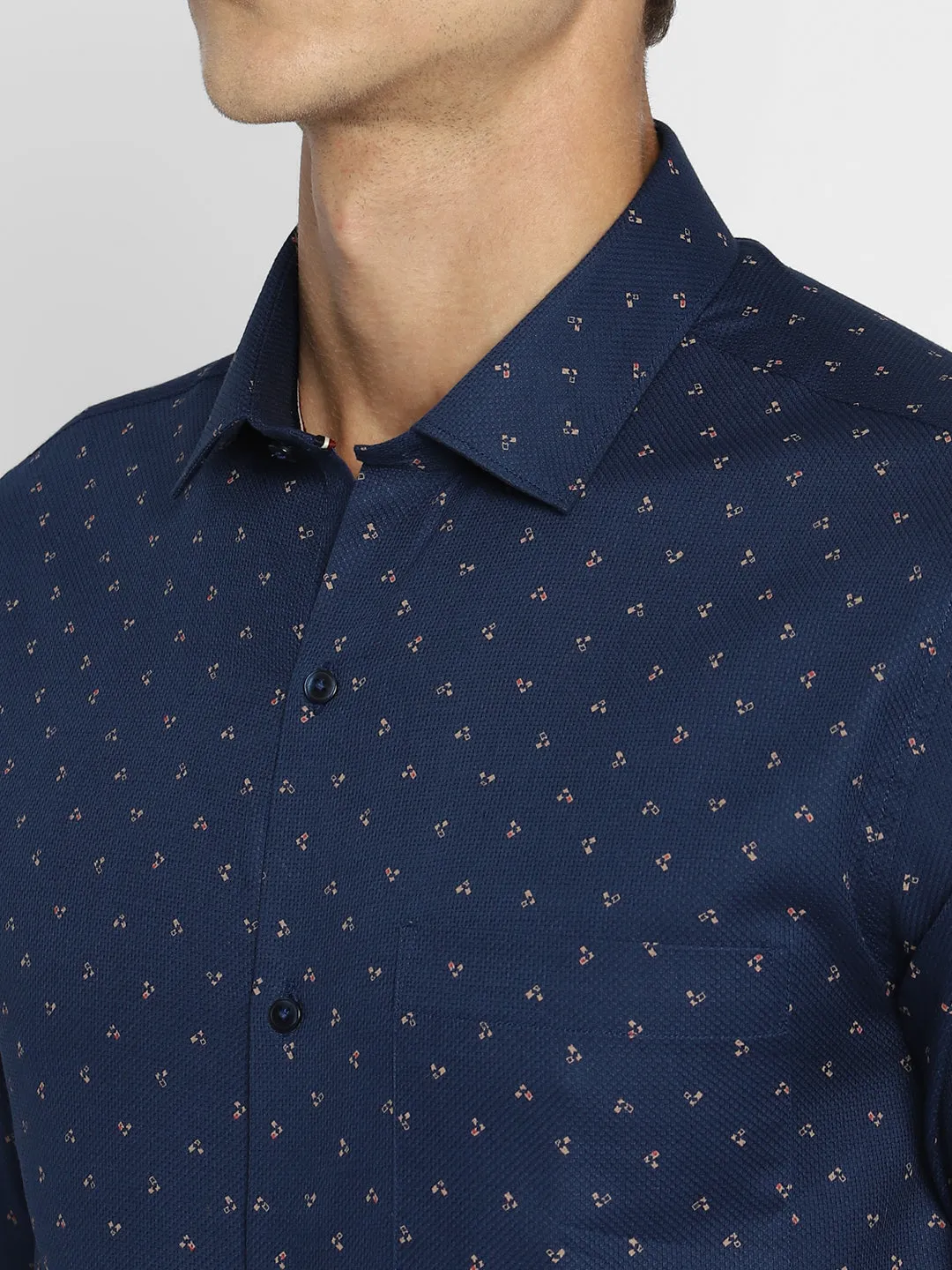 Navy Cotton Printed Slim Fit Shirts