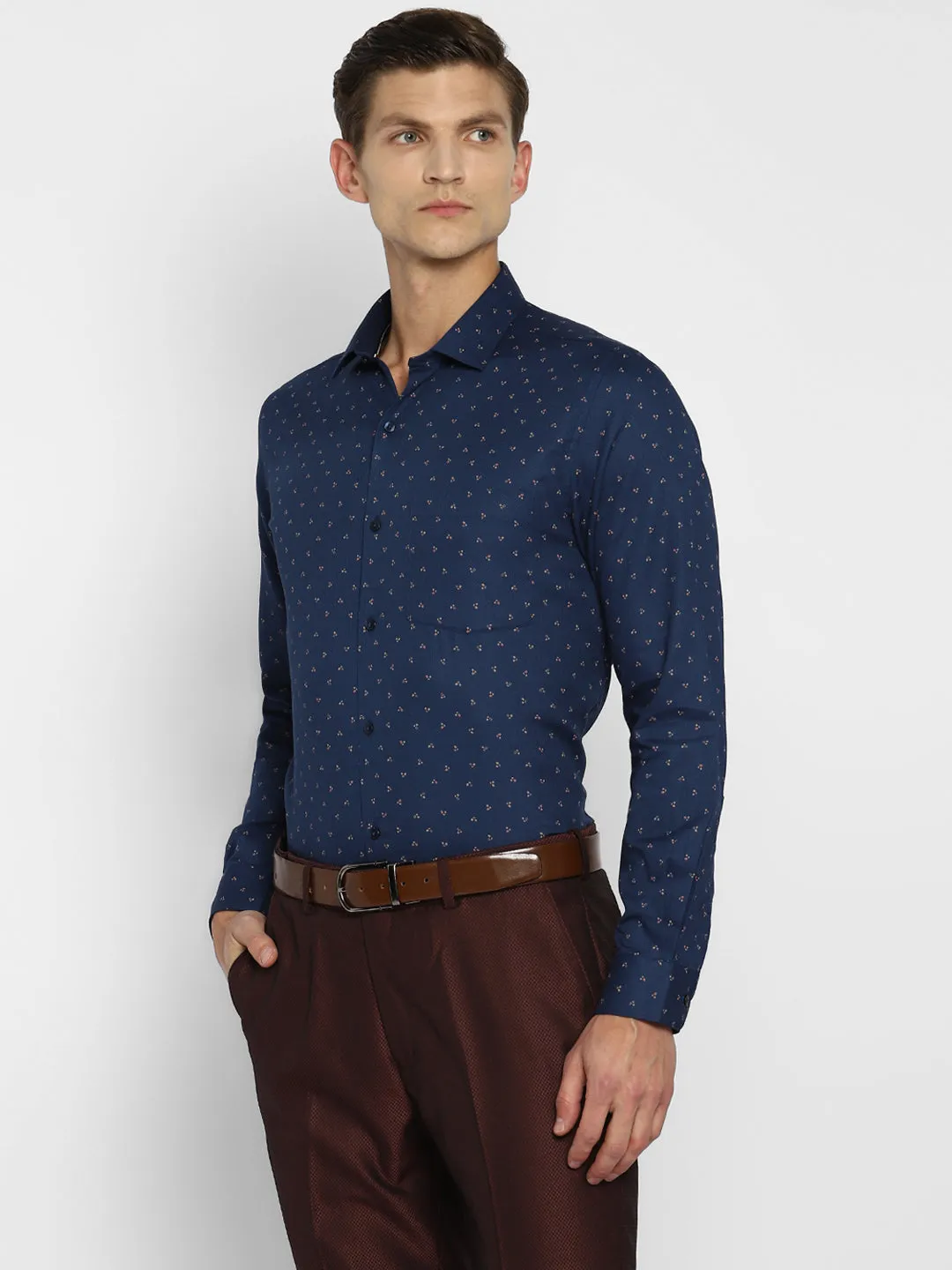 Navy Cotton Printed Slim Fit Shirts