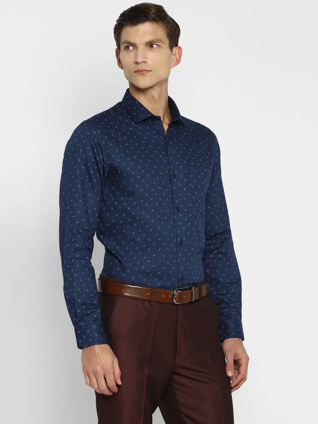Navy Cotton Printed Slim Fit Shirts