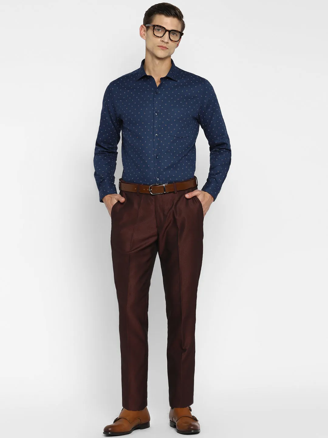 Navy Cotton Printed Slim Fit Shirts