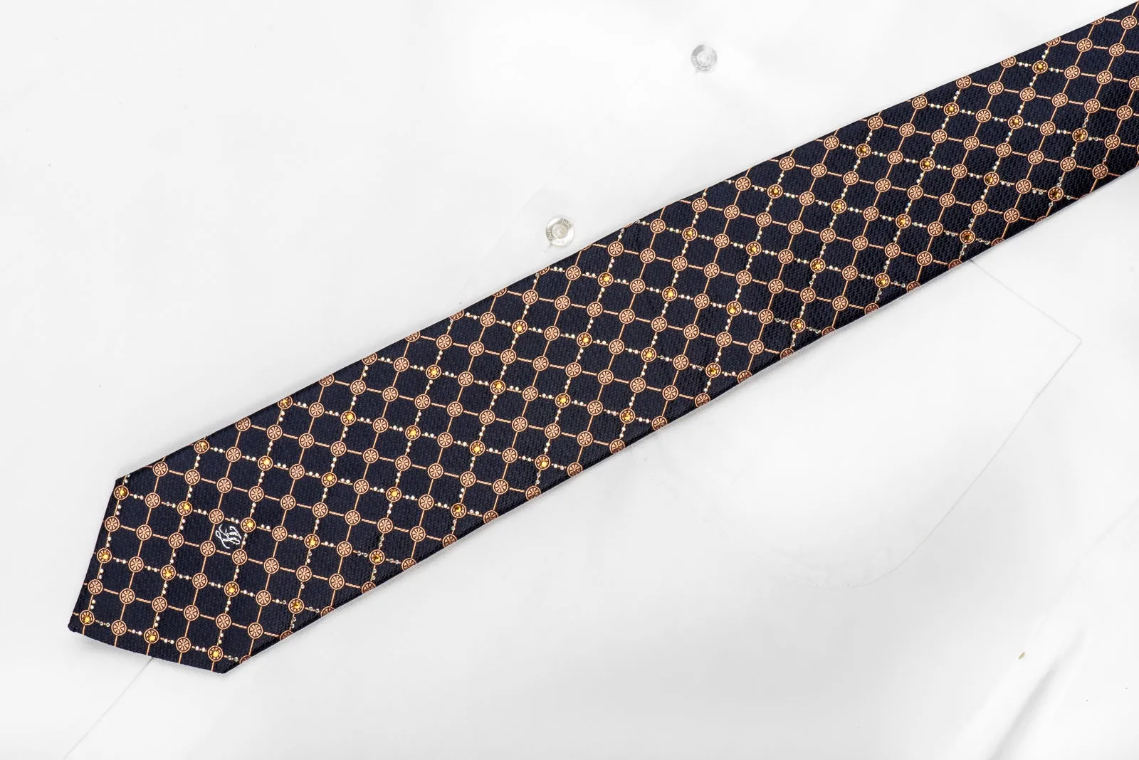 Orange Trellis On Navy Rhinestone Silk Necktie