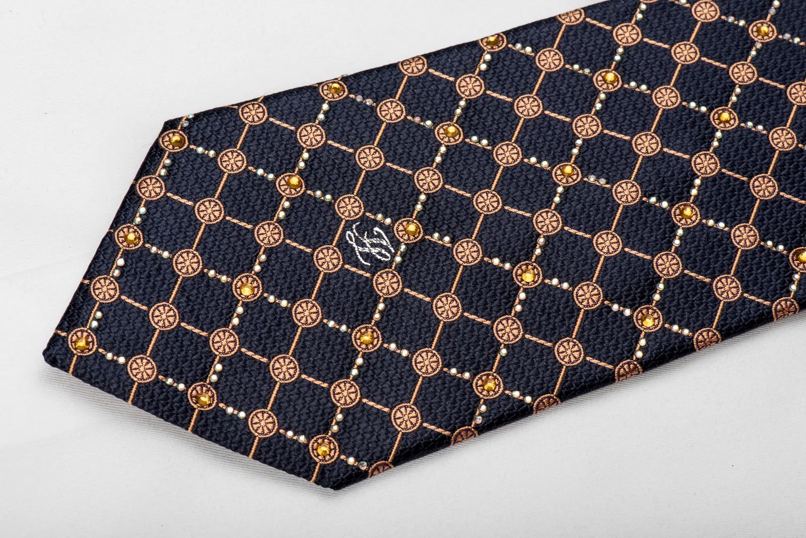 Orange Trellis On Navy Rhinestone Silk Necktie