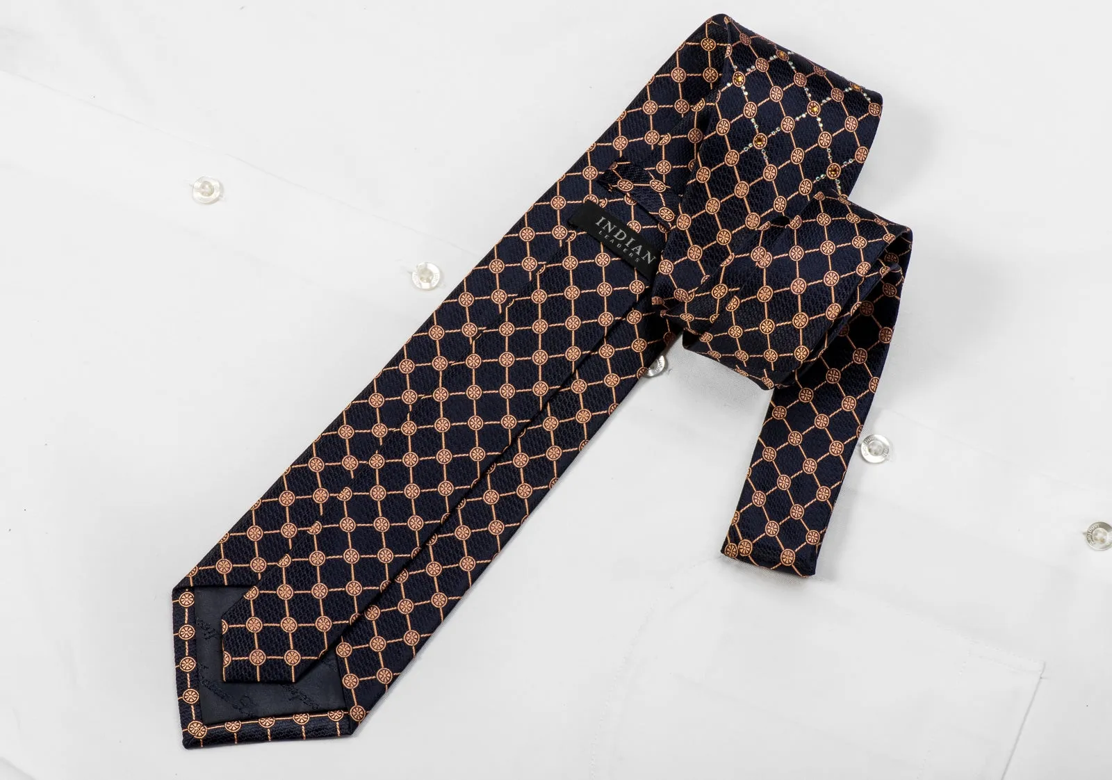 Orange Trellis On Navy Rhinestone Silk Necktie