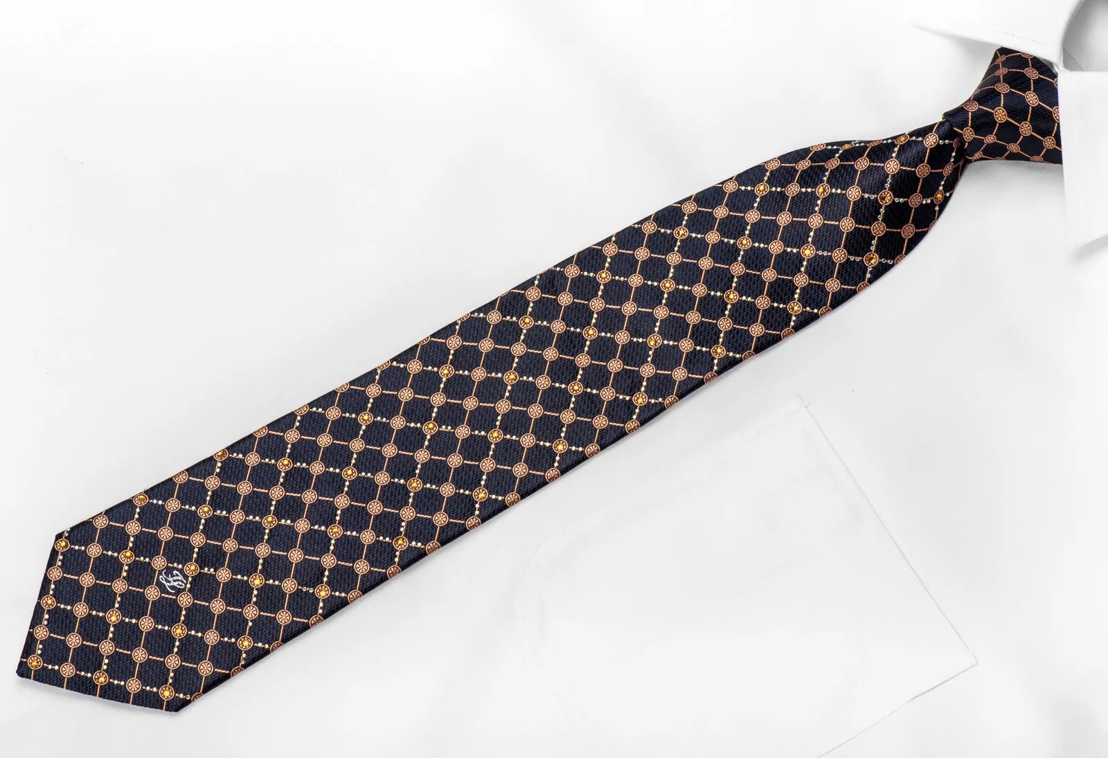 Orange Trellis On Navy Rhinestone Silk Necktie