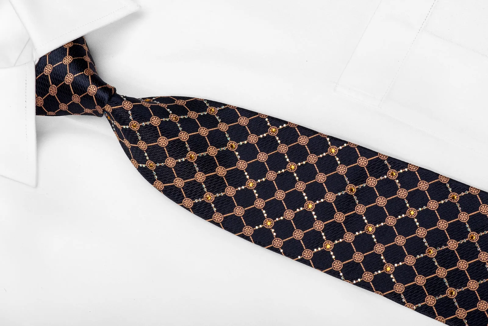 Orange Trellis On Navy Rhinestone Silk Necktie