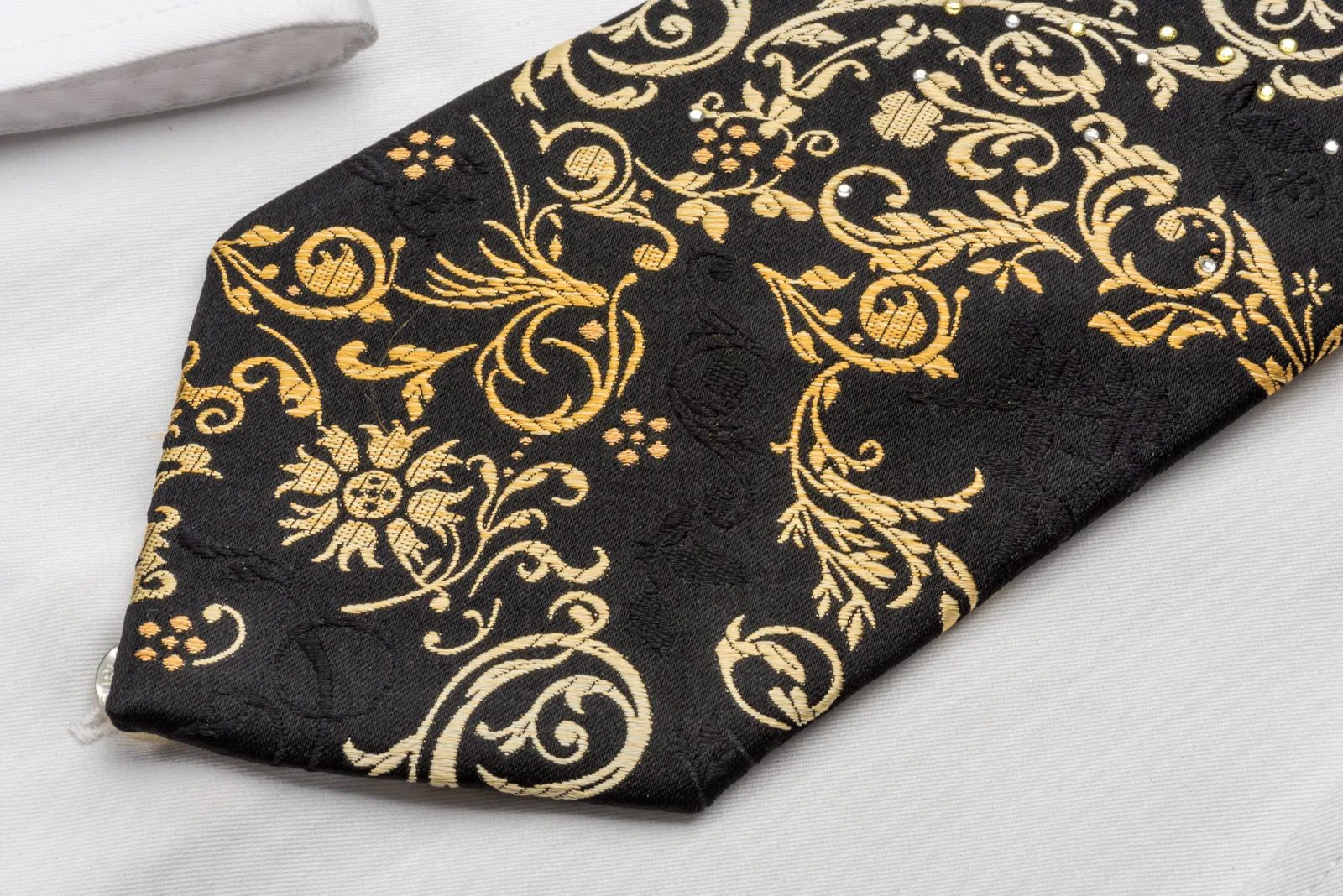 Pierre Cardin Silk Rhinestone Necktie Golden Vines On Black With Sparkles