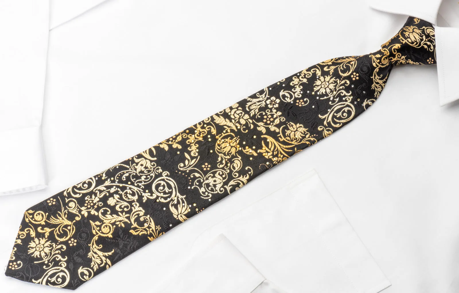 Pierre Cardin Silk Rhinestone Necktie Golden Vines On Black With Sparkles