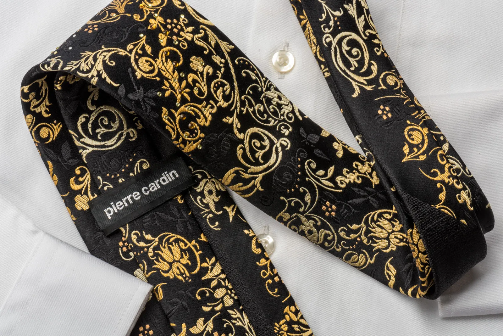 Pierre Cardin Silk Rhinestone Necktie Golden Vines On Black With Sparkles