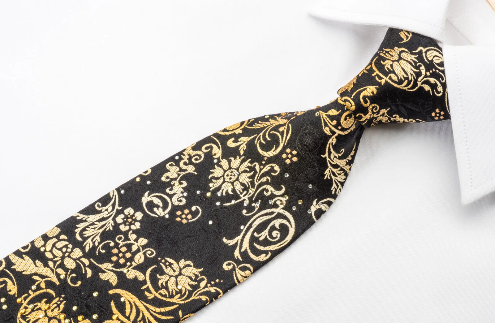 Pierre Cardin Silk Rhinestone Necktie Golden Vines On Black With Sparkles