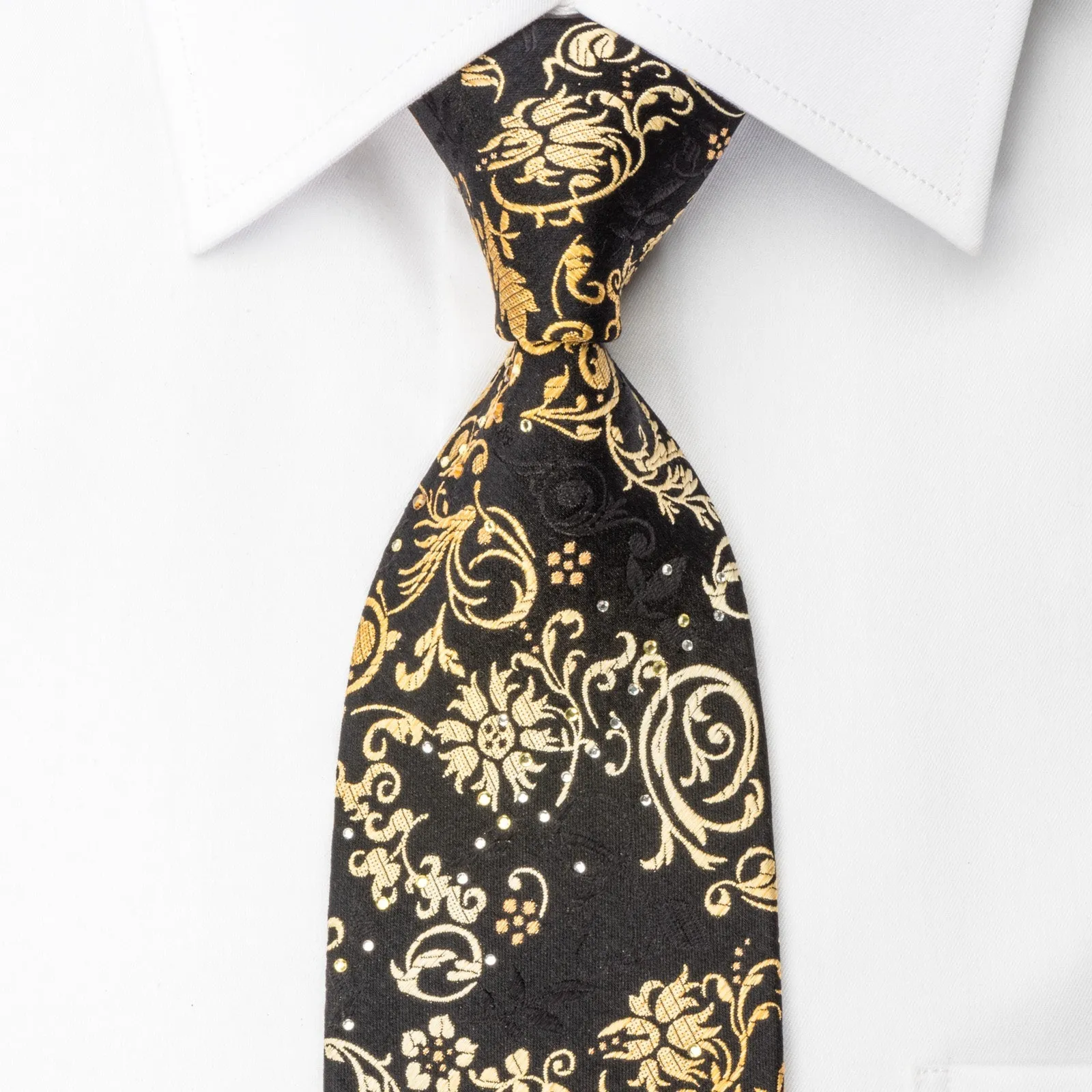 Pierre Cardin Silk Rhinestone Necktie Golden Vines On Black With Sparkles