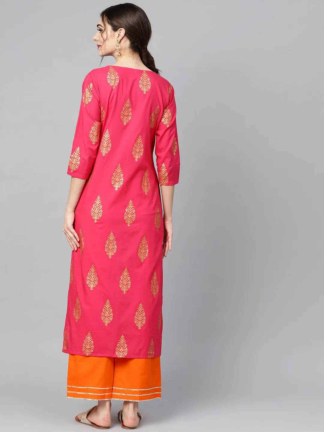 Red Gold Printed Kurta Set With Solid Orange Gota Detailing Pant