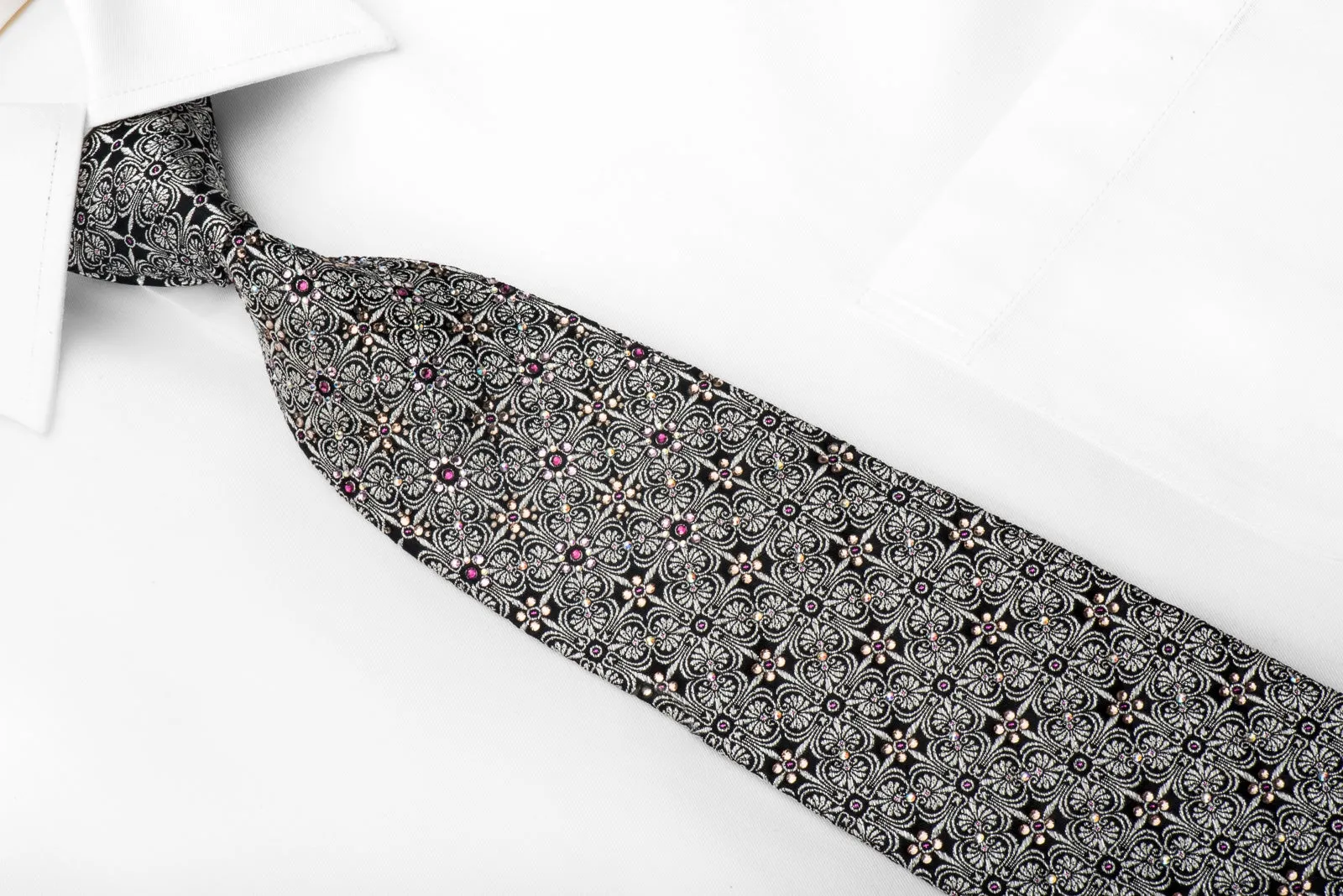 Renoma Men's Crystal Rhinestone Necktie Silver Cartouche On Black Silk With Silver Sparkles