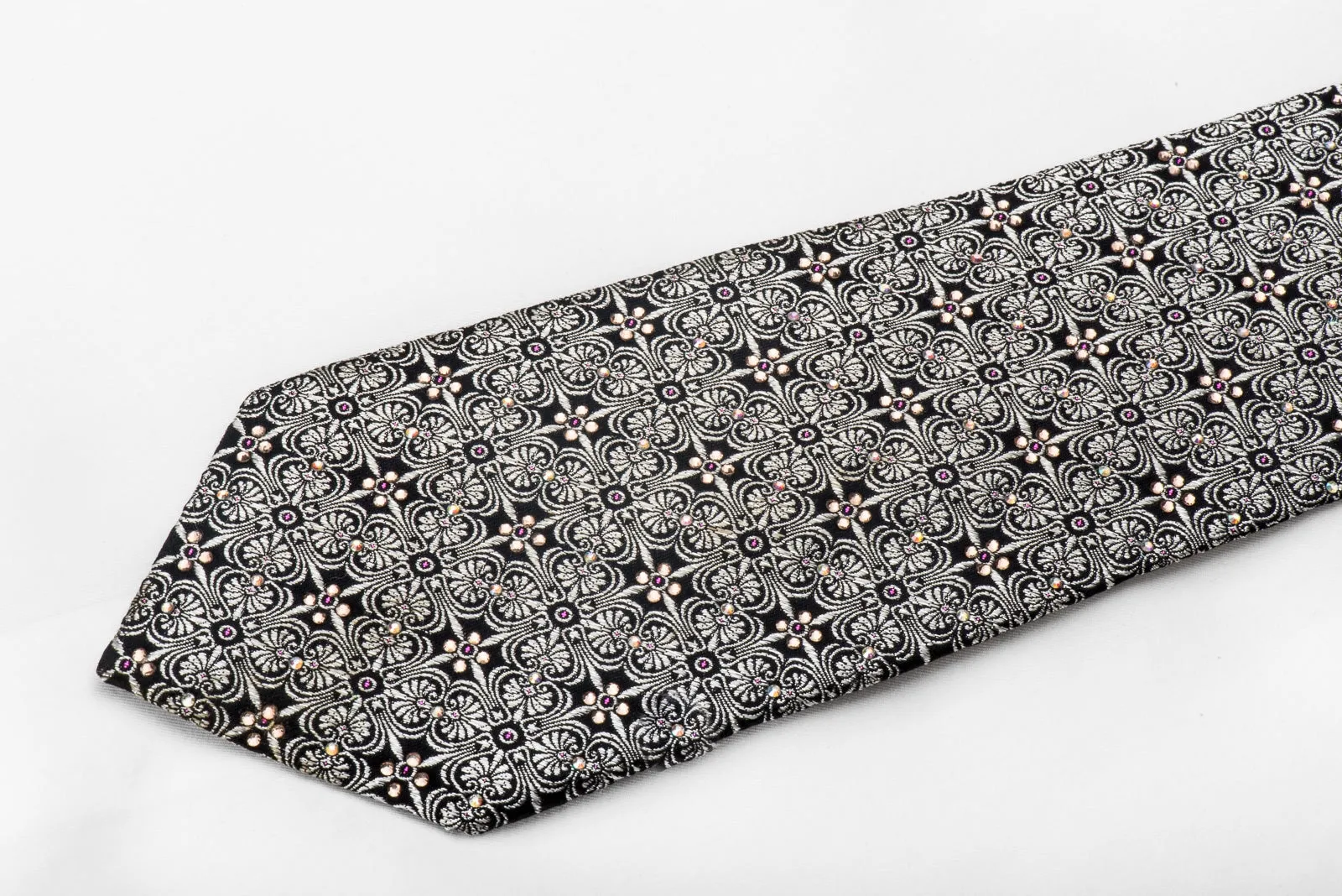 Renoma Men's Crystal Rhinestone Necktie Silver Cartouche On Black Silk With Silver Sparkles